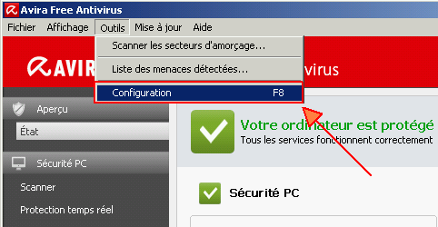 Autre solution double cliquez sur l'icône pour ouvrir Avira et allez dans Outils puis Configuration F8